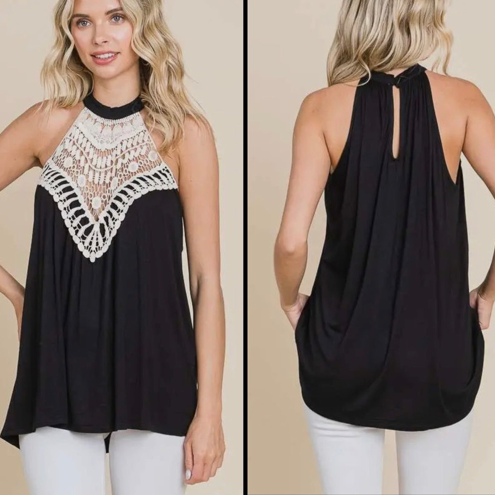 Culture Code Top Large Womens Black Crochet Halter Jersey Keyhole Flowy Chic New